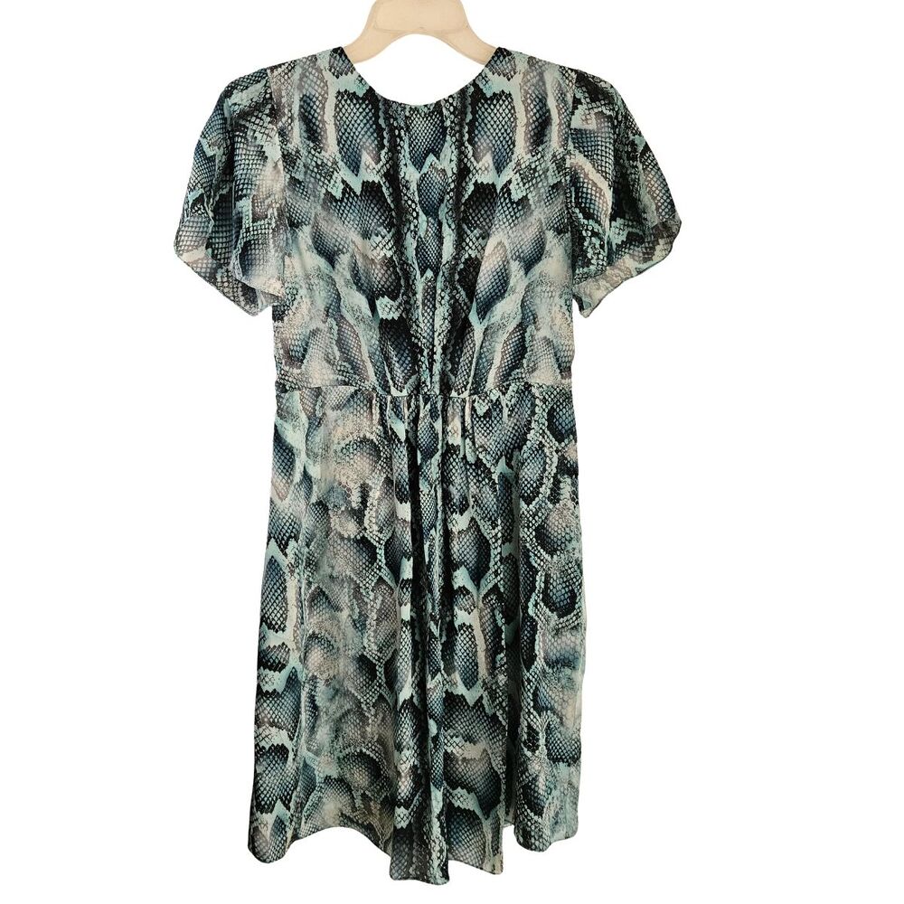 Elie Tahari Silk Dress Sz 4 Blue Gray Snake Print Flutter Sleeve Designer New